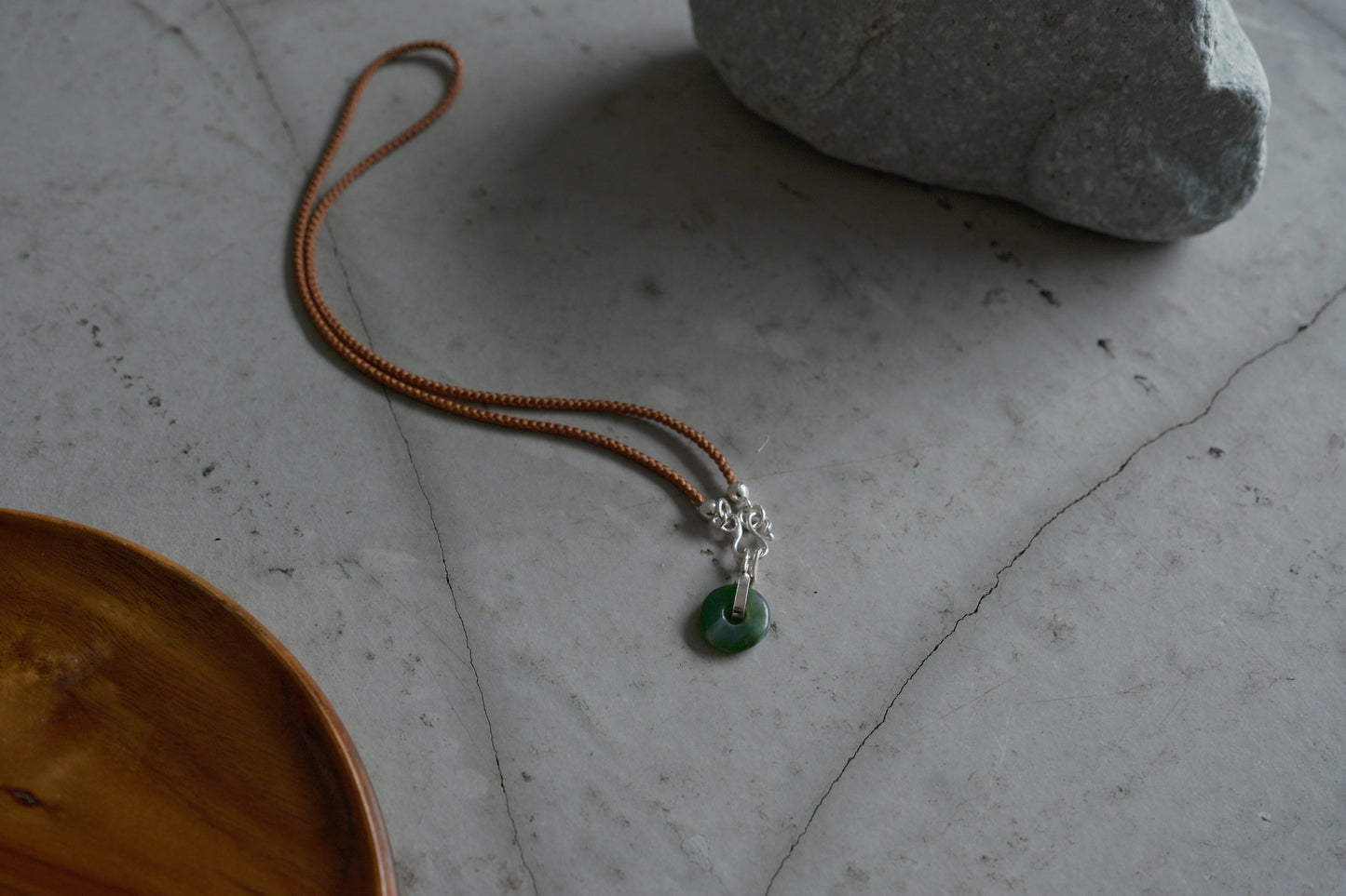 Mini Jade Bi on Silk Cord w Sterling Silver