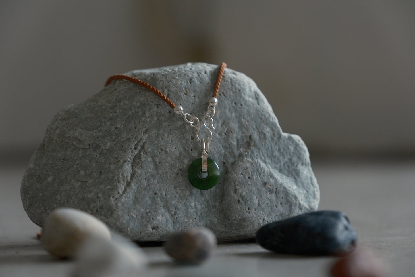 Mini Jade Bi on Silk Cord w Sterling Silver