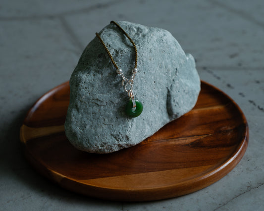 Mini Jade Bi on Silk Cord w Sterling Silver